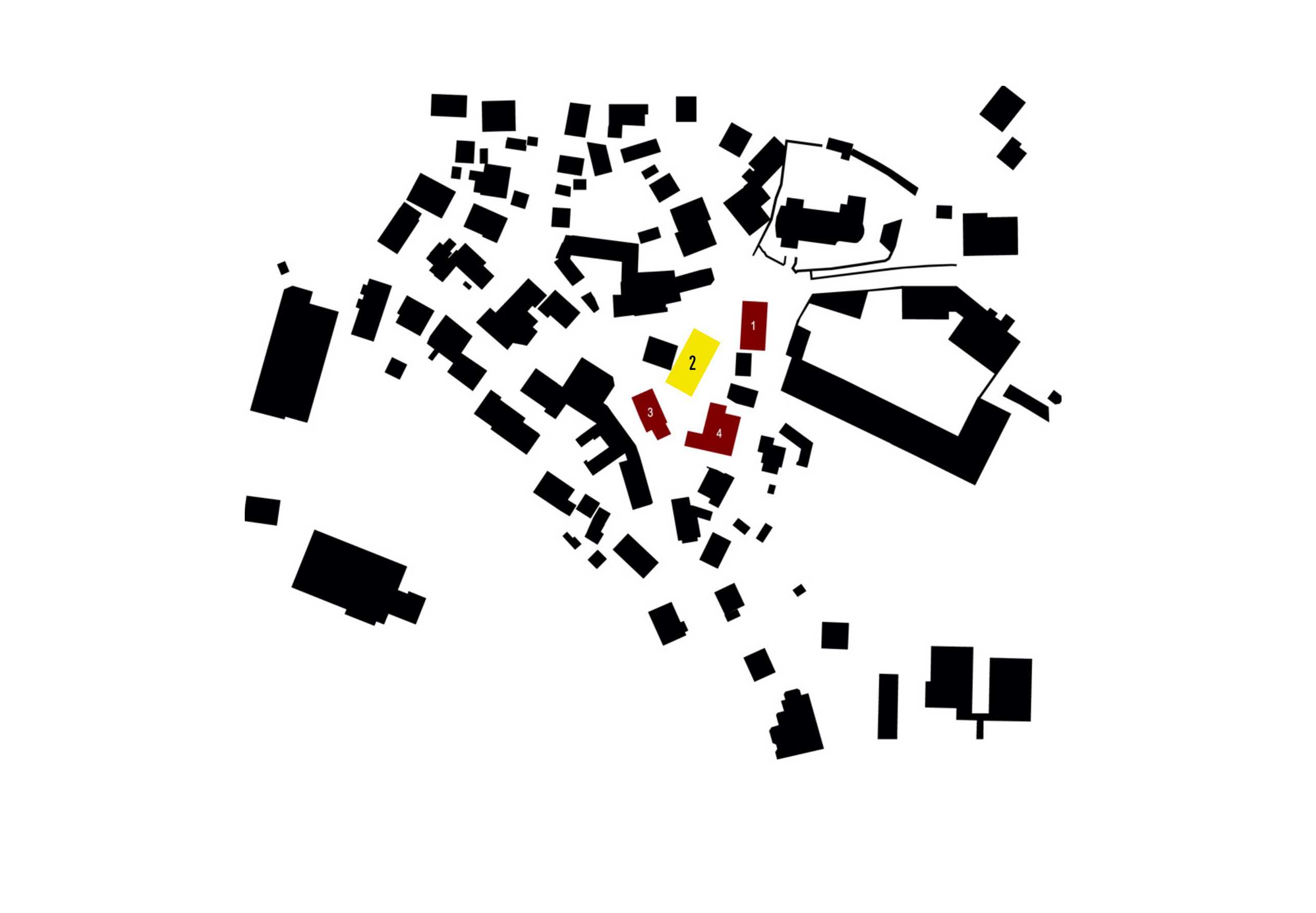 Lageplan: 1 – Bürgerhaus • 2 – Konzerthaus • 3 – Waidlerhaus • 4 – Stadl Waidlerhaus